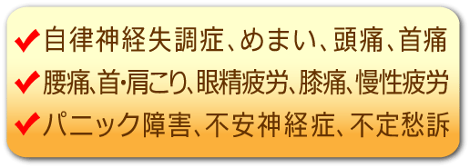 自律神経失調症、頭痛、めまい、首痛、腰痛、首・肩こり、眼精疲労、膝痛、慢性疲労、パニック障害、不安神経症、不定愁訴